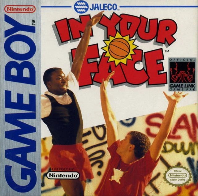 In Your Face Game Boy cover. One player is blocking another's layup. The ball is cartoonish. My malaise is eternal.